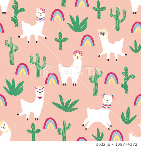 Cute pattern with llamas, cacti, Alps mountains, dream catcher, rainbows and hearts. Children s room design 108774372