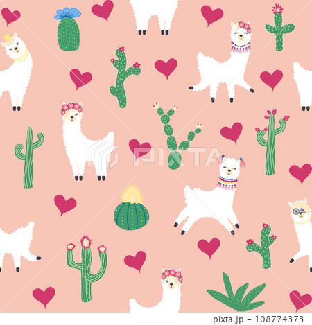 Cute pattern with llamas, cacti, Alps mountains, dream catcher, rainbows and hearts. Children s room design 108774373