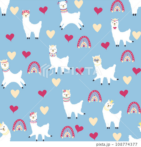 Cute pattern with llamas, cacti, Alps mountains, dream catcher, rainbows and hearts. Children s room design 108774377
