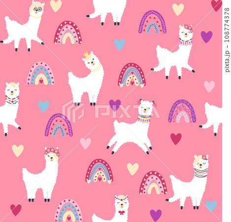 Cute pattern with llamas, cacti, Alps mountains, dream catcher, rainbows and hearts. Children s room design 108774378