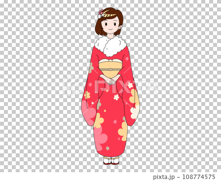 A girl with a bob wearing a red kimono with a floral pattern. Red A girl with a bob wearing a red kimono with a floral pattern. Red 108774575