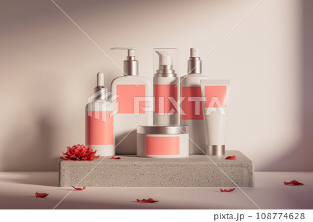 3d illustration of set of diverse cosmetic containers in white color standing on pedestal over light background 3d illustration of set of diverse cosmetic containers in white color standing on pedestal over light background 108774628