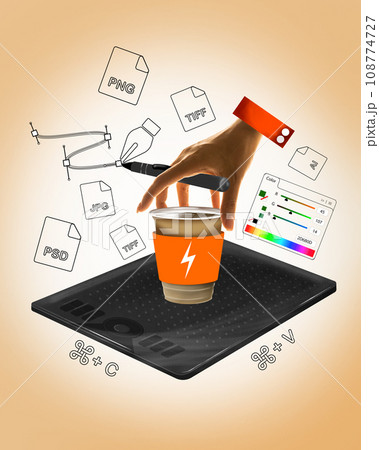 Female hand, designer working with digital pen and graphic tablet, drinking coffee and creating artworks. Contemporary art collage. Female hand, designer working with digital pen and graphic tablet, drinking coffee and creating artworks. Contemporary art collage. 108774727