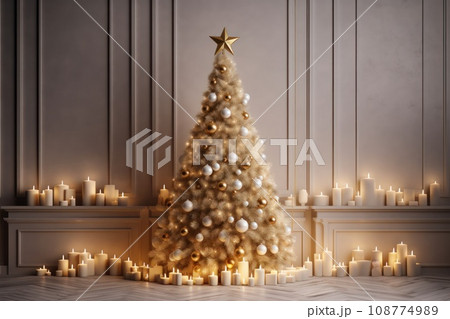 Festive Christmas background. New Year's interior with decorated New Year's tree and burning candles in the style of illuminated interiors. White Christmas tree decorated with silver and gold balls 108774989
