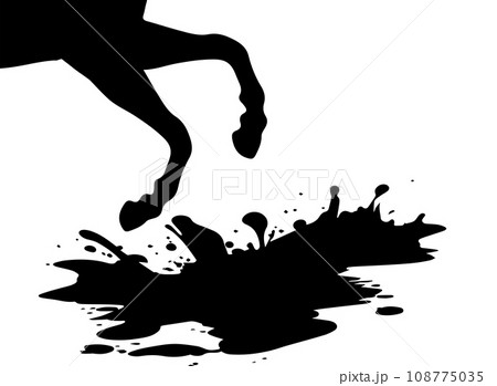 Running horse legs with hooves close-up and puddle of mud with splashes flying from under hooves. Black vector silhouette isolated on white. Traces of horse, mustang running at gallop. Icon, emblem. 108775035