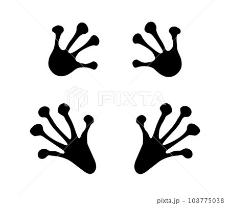 Frog or toad paw footprint. Silhouette. Front and hind frog legs. Black vector isolated on white. Paw print of amphibian, frog, toad, lizard, salamander, newt. Icon, symbol. Print, textile, postcard. 108775038