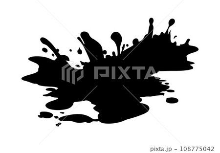 Black silhouette of puddle of water or mud with splashes and drops. Vector isolated on white. Paint, ink, dirt or blood splashes. Stain of splashes, drops of liquid. Dirt blot or blob. Design element. Black silhouette of puddle of water or mud with splashes and drops. Vector isolated on white. Paint, ink, dirt or blood splashes. Stain of splashes, drops of liquid. Dirt blot or blob. Design element. 108775042