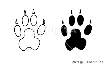Rabbit or hare paw footprint. Silhouette, contour. Icon. Black vector isolated on white. Paw step print of fluffy bunny, hare or pika. Icon, symbol. Print, textile, postcard, booklet, pet store, zoo. Rabbit or hare paw footprint. Silhouette, contour. Icon. Black vector isolated on white. Paw step print of fluffy bunny, hare or pika. Icon, symbol. Print, textile, postcard, booklet, pet store, zoo. 108775044