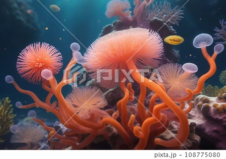 Underwater Coral Flowers: Captivating Abstract Background of Coralline Anemone and Corals. Generative AI. 108775080