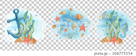 Set of watercolor underwater compositions with cute fishes, shells and seahorses and nautical anchor on blue watercolor splashes. Set of watercolor underwater compositions with cute fishes, shells and seahorses and nautical anchor on blue watercolor splashes. 108775554