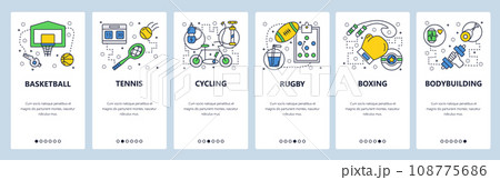 Web site onboarding screens. Sport icons. Basketball, tennis, cycling, rugby, boxing. Menu vector banner template for website and mobile app development. Modern design linear art flat illustration. Web site onboarding screens. Sport icons. Basketball, tennis, cycling, rugby, boxing. Menu vector banner template for website and mobile app development. Modern design linear art flat illustration. 108775686