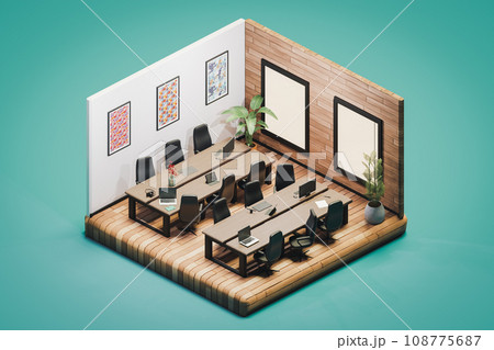 3D isometric low poly office room with many workplace in modern coworking 3D isometric low poly office room with many workplace in modern coworking 108775687