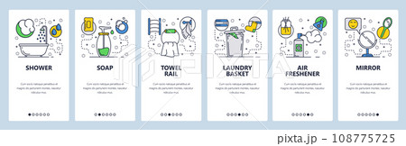 Web site onboarding screens. Bathroom accessories, shower, soap dispenser and deodorant. Menu vector banner template for website and mobile app development. Modern design linear art flat illustration. 108775725