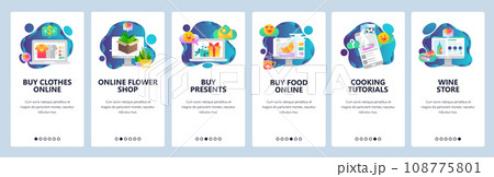 Web site onboarding screens. Online shopping. Clothes, food, wine and flower internet store. Menu vector banner template for website and mobile app development. Modern design flat illustration. Web site onboarding screens. Online shopping. Clothes, food, wine and flower internet store. Menu vector banner template for website and mobile app development. Modern design flat illustration. 108775801