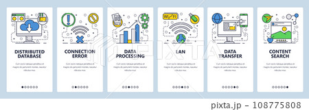 Web site onboarding screens. Online services, distributed database, cloud storage, wireless networks and data transfer. Menu vector template for website and mobile app development. illustration. Web site onboarding screens. Online services, distributed database, cloud storage, wireless networks and data transfer. Menu vector template for website and mobile app development. illustration. 108775808