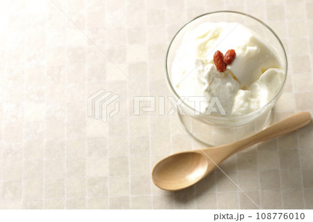 デザートカップに入っている杏仁豆腐を俯瞰で撮影 デザートカップに入っている杏仁豆腐を俯瞰で撮影 108776010