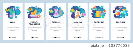 Web site onboarding screens. Vacation in Paris, France. French breakfast, shopping, fashion and wine. Menu vector banner template for website and mobile app development. illustration. 108776058