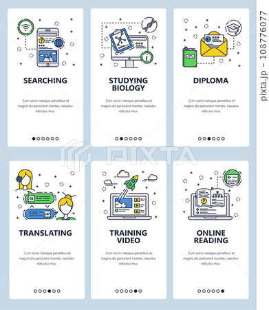 Vector web site linear art onboarding screens template. Online education and e-learning icons. Menu banners for website and mobile app development. Modern design flat illustration. Vector web site linear art onboarding screens template. Online education and e-learning icons. Menu banners for website and mobile app development. Modern design flat illustration. 108776077