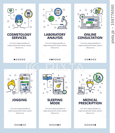 Vector web site linear art onboarding screens template. Healthcare and healthy lifestyle. Online doctor consultation Menu banners for website and mobile app development. flat illustration. Vector web site linear art onboarding screens template. Healthcare and healthy lifestyle. Online doctor consultation Menu banners for website and mobile app development. flat illustration. 108776080