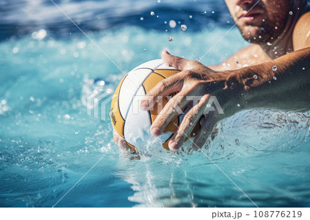 Close-up shot of the water polo player with the ball 108776219
