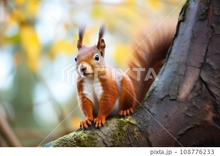 Red squirrel sitting on a branch in the forest 108776233