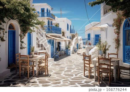 Greek culture with traditional white and blue greek architecture, taverna 108776244