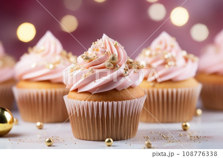 Christmas dessert cupcake or muffin with pink whipped cream, golden sprinkles. Generative AI 108776338