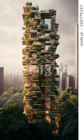 Vertical Architecture Futuristic City with Green Spaces Concept Illustration Vertical Architecture Futuristic City with Green Spaces Concept Illustration 108776387