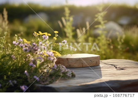 Cosmetic Product Presentation Amidst Wildflowers and Stone. Generative AI. 108776717