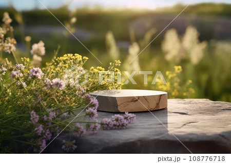 Natural Stone Platform with Wildflowers for Product Display. Generative AI. 108776718