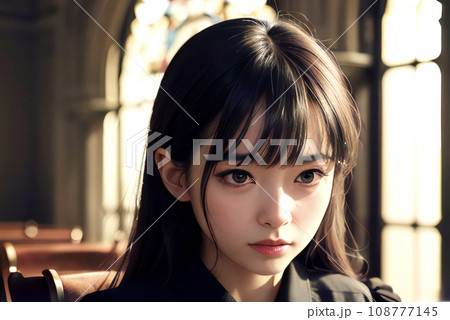 教会で深刻な顔をする若い女性_AI生成画像 108777145