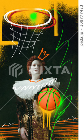 Medieval queen, royal person in vintage dress standing with basketball ball over dark background with colorful doodles. Contemporary art collage. 108777423