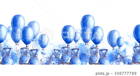 Seamless border, pattern with blue air ballon, baby shoes, booties and blue peas. Watercolor painted illustration for newborn, gender reveal, happy birthday party print. Isolated on white background Seamless border, pattern with blue air ballon, baby shoes, booties and blue peas. Watercolor painted illustration for newborn, gender reveal, happy birthday party print. Isolated on white background 108777789