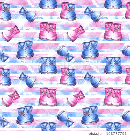 Baby blue and pink booties, shoes seamless pattern on watercolour stripes Boy or girl Watercolor hand draw illustration isolated on white background for birthday, newborn gender reveal party wallpaper Baby blue and pink booties, shoes seamless pattern on watercolour stripes Boy or girl Watercolor hand draw illustration isolated on white background for birthday, newborn gender reveal party wallpaper 108777791