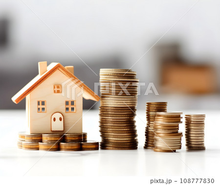 house model and coins on white background. real estate and investment concept. 108777830