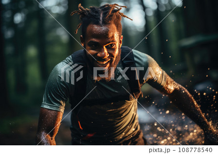 A dedicated athlete runs through a forest at dusk, covered in sweat and water, competing with determination in a challenging race. 108778540