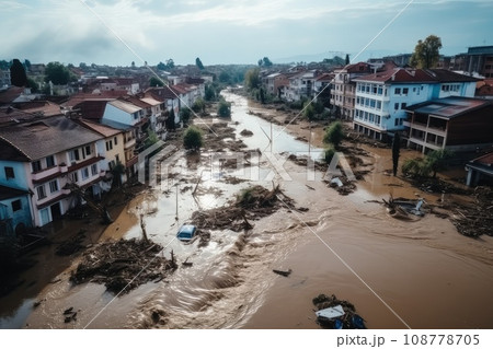 Large destruction of cities as a result of the tsunami. Destruction of a big city after natural disasters. Living quarters were destroyed. 108778705