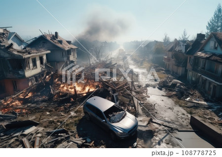 Large destruction of cities as a result of the tsunami. Destruction of a big city after natural disasters. Living quarters were destroyed. Large destruction of cities as a result of the tsunami. Destruction of a big city after natural disasters. Living quarters were destroyed. 108778725