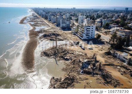 Large destruction of cities as a result of the tsunami. Destruction of a big city after natural disasters. Living quarters were destroyed. Large destruction of cities as a result of the tsunami. Destruction of a big city after natural disasters. Living quarters were destroyed. 108778730