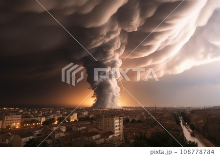 Dramatic thunderstorm tornado in Europe. natural disasters. destruction of cities by nature. disasters in the world. 108778784