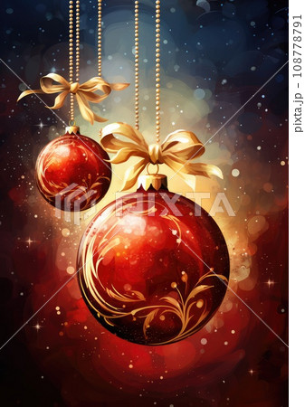 oil painted Christmas decorations. close-up. New Year card with balls. 108778791