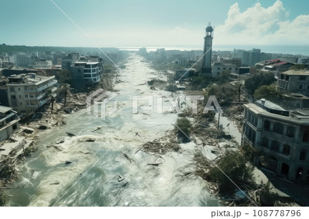 Large destruction of cities as a result of the tsunami. Destruction of a big city after natural disasters. Living quarters were destroyed. 108778796