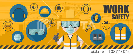 Worker background using his personal protective equipment. Set of industrial safety and occupational health icons for the prevention of occupational risks and accidents 108778872