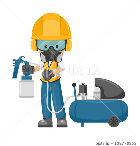 Painter industrial worker with personal protective equipment using an air compressor spray gun. Industrial safety and occupational health at work 108778955