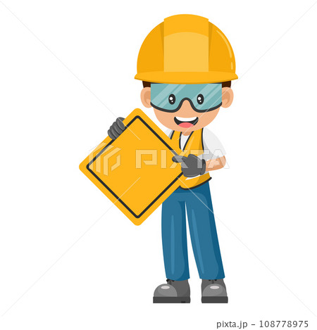 Construction industrial worker with a warning sign with copy space for text. Industrial safety and occupational health at work 108778975