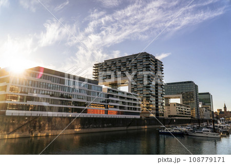 Cologne Kranhaus business center on the Rheinauhafen waterfront in sunny morning 108779171