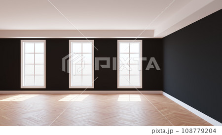 Beautiful Black Room with a White Ceiling and Cornice, Glossy Herringbone Parquet Floor, Three Large Windows and a White Plinth. Sunny Interior. 3D Rendering, 8K Ultra HD, 7680x4320, 300 dpi Beautiful Black Room with a White Ceiling and Cornice, Glossy Herringbone Parquet Floor, Three Large Windows and a White Plinth. Sunny Interior. 3D Rendering, 8K Ultra HD, 7680x4320, 300 dpi 108779204