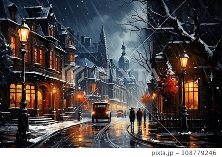 Vintage Winter Scene with Snowfall over Historic City Street at Night. AI generation 108779246