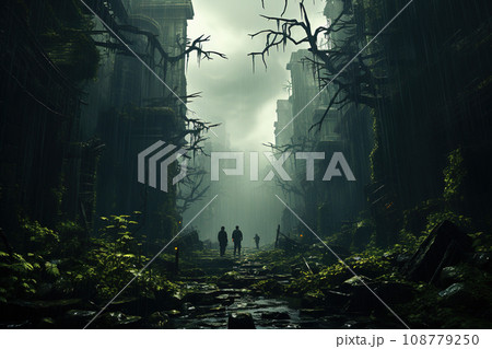 Mysterious Explorers in an Overgrown Urban Jungle Under a Misty Sky. AI generation Mysterious Explorers in an Overgrown Urban Jungle Under a Misty Sky. AI generation 108779250