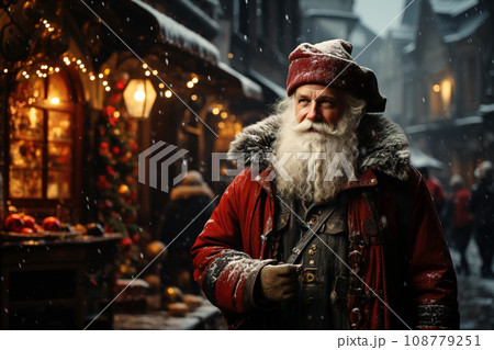 Festive Winter Portrait: Joyful Man with White Beard in Snowy Town. AI generation Festive Winter Portrait: Joyful Man with White Beard in Snowy Town. AI generation 108779251
